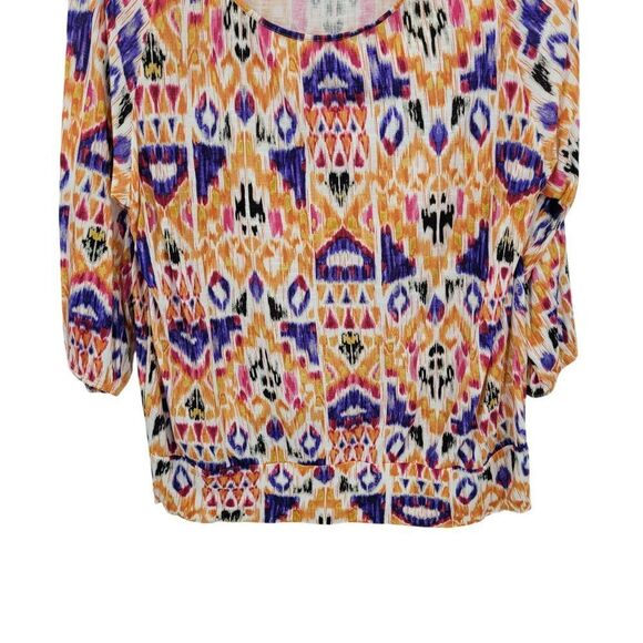 Chicos Multicolor 3/4 Sleeve Boho Peasant Top Sz 3 Ikat‎ Colorful Tribal Rayon - Picture 8 of 9